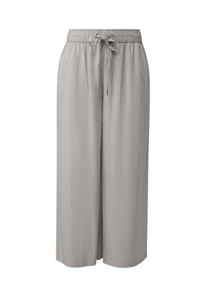 Lichtgrijze broek met wijde pijpen, elastische tailleband en trekkoord, gemaakt van gladde stof, weergegeven op een witte achtergrond.