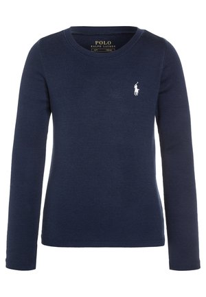 Granatowa bawełniana koszulka z długim rękawem i okrągłym dekoltem, z białym wyszywanym logo na lewej piersi. Gładka faktura, dopasowany krój.