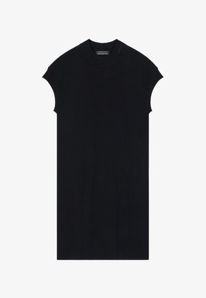 Abito nero a maniche corte con scollo rotondo, caratterizzato da dettagli di cucitura verticale testurizzati e una silhouette aderente. Realizzato in un materiale elastico.