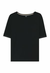 Zwart T-shirt met korte mouwen en ronde hals met subtiele logo-label aan de binnenkant van de kraag op een witte achtergrond.