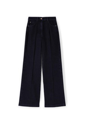 Pantaloni in denim scuro a gamba larga con vita alta, dotati di tasche frontali e una piega centrale per una struttura accentuata.