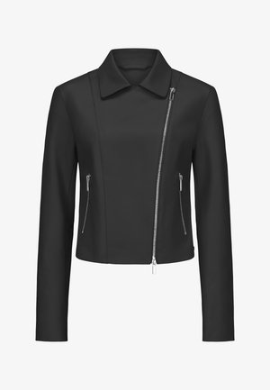 Schwarze, taillierte Lederjacke mit asymmetrischem Frontreißverschluss, zwei seitlichen Reißverschlusstaschen und klassischem Kragen.