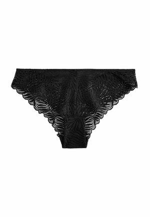 Black lace hipster panties with scalloped edges, featuring a leaf pattern and delicate cutouts throughout the fabric.