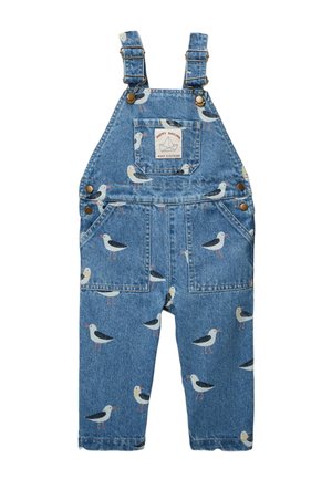 Salopette en jean pour bébé avec bretelles ajustables, poches avant et mouettes imprimées, avec une étiquette « Happy Sailing » sur la poche poitrine.