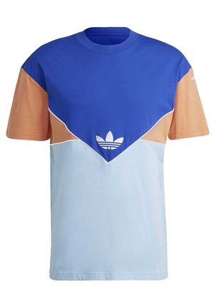 T-shirt med korte ærmer med farveblokke i blå, beige og lyseblå samt en hvid Adidas trefoil-logo på midten af brystet.