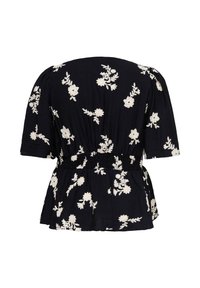 Black short-sleeve blouse with white floral embroidery, gathered waist, and slightly flared hem shown from the back.