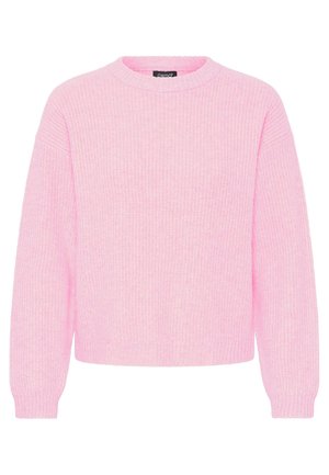 Rozā adīta džempera ar apaļu kakla izgriezumu, nolaižamām plecu šuvēm un ribota mile. Materiāls izskatās mīksts ar teksturētu apdari.