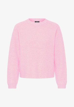 Rozā adīta džempera ar apaļu kakla izgriezumu, nolaižamām plecu šuvēm un ribota mile. Materiāls izskatās mīksts ar teksturētu apdari.