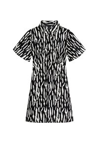 Krátký rukáv šaty v černobílé barvě se proužkovaným vzorem, knoflíkovým zapínáním, límečkem, vypasovaným pasem a rozšířenou sukňou. Vyrobeno z lehké látky.