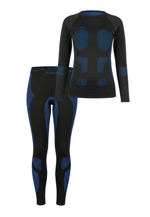 Schwarzes Thermobaselayer-Set mit langärmeligem Oberteil und Leggings. Akzente in Form von blauen, strukturierten Mustern und atmungsaktiven Mesh-Einsätzen.