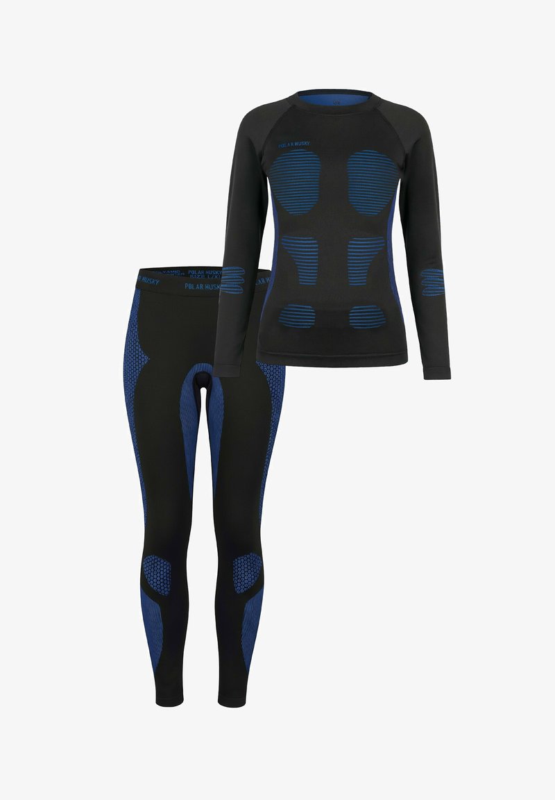 Black thermal base layer set featuring long-sleeve top and leggings. Accented with blue textured patterns and breathable mesh panels.