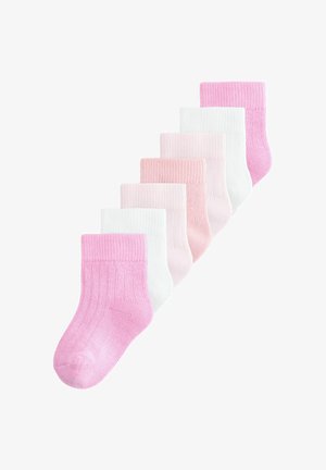 Set aus sieben Baumwollsocken in verschiedenen Pink- und Weißtönen, mit einer gerippten Textur und einfarbigem Design.