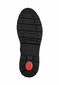 Black rubber shoe sole with deep tread patterns, featuring a semi-circular red accent at the center and size indicator "37" embossed.