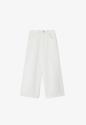 Pantalon blanc à jambes larges cropped avec poches avant, fermeture à boutons et taille élastiquée.