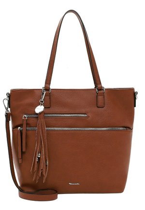 Brązowa torba typu tote ze skóry, z podwójnymi uchwytami, wieloma kieszeniami na zamek, ozdobą z frędzli oraz odpinanym paskiem na ramię.