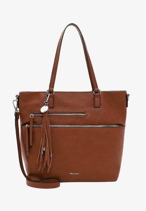 Brązowa torba typu tote ze skóry, z podwójnymi uchwytami, wieloma kieszeniami na zamek, ozdobą z frędzli oraz odpinanym paskiem na ramię.