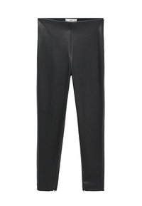 Leggings en cuir noir à texture lisse, avec une taille haute, coupe slim et fermetures éclair aux chevilles pour un détail supplémentaire.