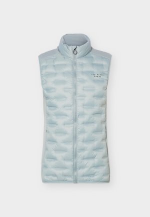 Svetlomodrá prešívaná vesta bez rukávov s vysokým golierom, predným zipsom a logom "Ted Baker Sport" na hrudi.