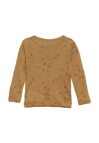 Langarmshirt aus hellbraunem Stoff mit strukturierter Oberfläche und kleinen dunkelbraunen Mustern überall. Rundhalsausschnitt, lässige Passform.