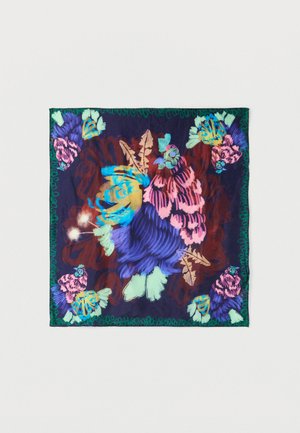 Foulard carré avec un fond bleu foncé présentant des motifs floraux abstraits en tons de rose, violet, jaune, vert et turquoise.