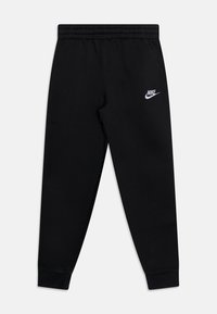 Pantaloni sportivi neri Nike con vita elastica, polsini a costine, tasche laterali e logo Nike bianco sulla coscia sinistra.