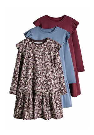 Drie kinderkleding met lange mouwen en gekruide schouders in bordeauxrood, blauw en paars bloemmotief, gelaagd op een witte achtergrond.