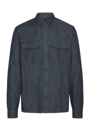 Sötét farmer ing gombos elülső résszel, két mellzsebbel és galléros nyakkal. Hosszú ujjú és egyenes szegélyű.