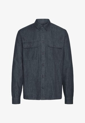 Sötét farmer ing gombos elülső résszel, két mellzsebbel és galléros nyakkal. Hosszú ujjú és egyenes szegélyű.