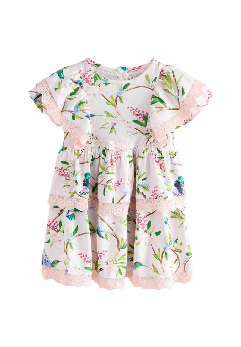 Robe blanche pour filles avec imprimé coloré d'oiseaux et de fleurs, bordure en dentelle rose sur les manches et l'ourlet, et un petit nœud à la taille