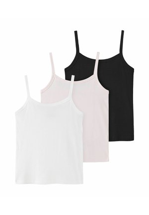 Drei gerippte Spaghettiträger-Tanktops in Weiß, Hellrosa und Schwarz, überlappend auf weißem Hintergrund angeordnet.