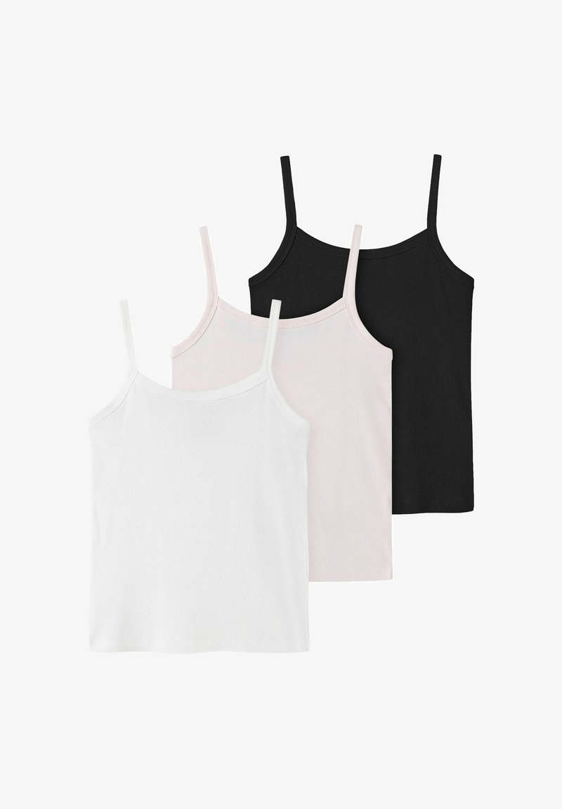 Trois débardeurs côtelés à bretelles spaghetti en blanc, rose clair et noir, disposés en chevauchement sur un fond blanc.