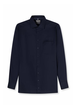 Marineblauw herenoverhemd met lange mouwen, knoopsluiting aan de voorkant, klassieke kraag, borstzakje en geribbelde manchetten met knopen.