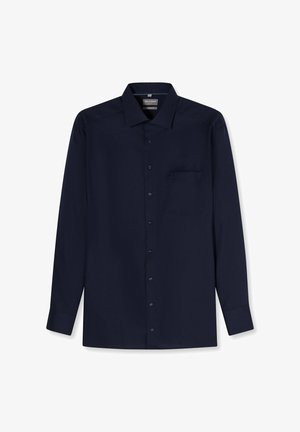 Marineblauw herenoverhemd met lange mouwen, knoopsluiting aan de voorkant, klassieke kraag, borstzakje en geribbelde manchetten met knopen.