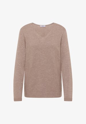 Pull en tricot beige avec un col en V et des manches longues. La surface texturée présente un effet de côtes verticales et une coupe décontractée. Étiquette de marque "CECIL" visible.