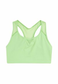 Light green sports bra with a soft, stretchy fabric. Features a racerback design and a small V-shaped accent at the front.