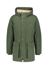 Parka imbottita verde oliva con cappuccio rimovibile, bottoni a pressione, due tasche frontali e fodera beige. Dettagli includono un logo sulla manica.