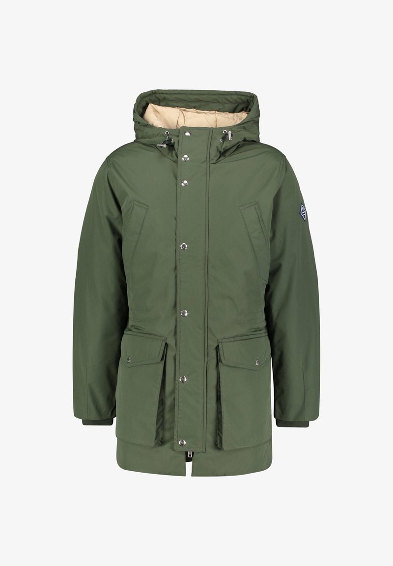 Parka imbottita verde oliva con cappuccio rimovibile, bottoni a pressione, due tasche frontali e fodera beige. Dettagli includono un logo sulla manica.