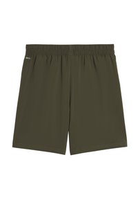 Olivroheline lühike püksid, mis on valmistatud kergest kangast, millel on elastne vöökoht, sujuva tekstuuriga ning ilma nähtavate mustrite või metalldetailideta.