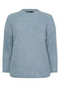Jasnoniebieski sweter dzianinowy z okrągłym dekoltem i długimi rękawami. Posiada teksturowany wzór i luźny krój. Miękka tkanina.