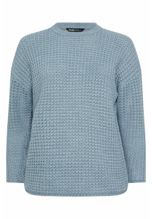 Lichtblauwe gebreide trui met een ronde halslijn en lange mouwen. Heeft een gestructureerd patroon en een relaxte pasvorm. Zachte stof.