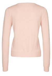 Ljusrosa tröja med rund halsringning och långa ärmar. Stickad struktur med ribbad fåll och muddar. Inga synliga mönster eller detaljer.