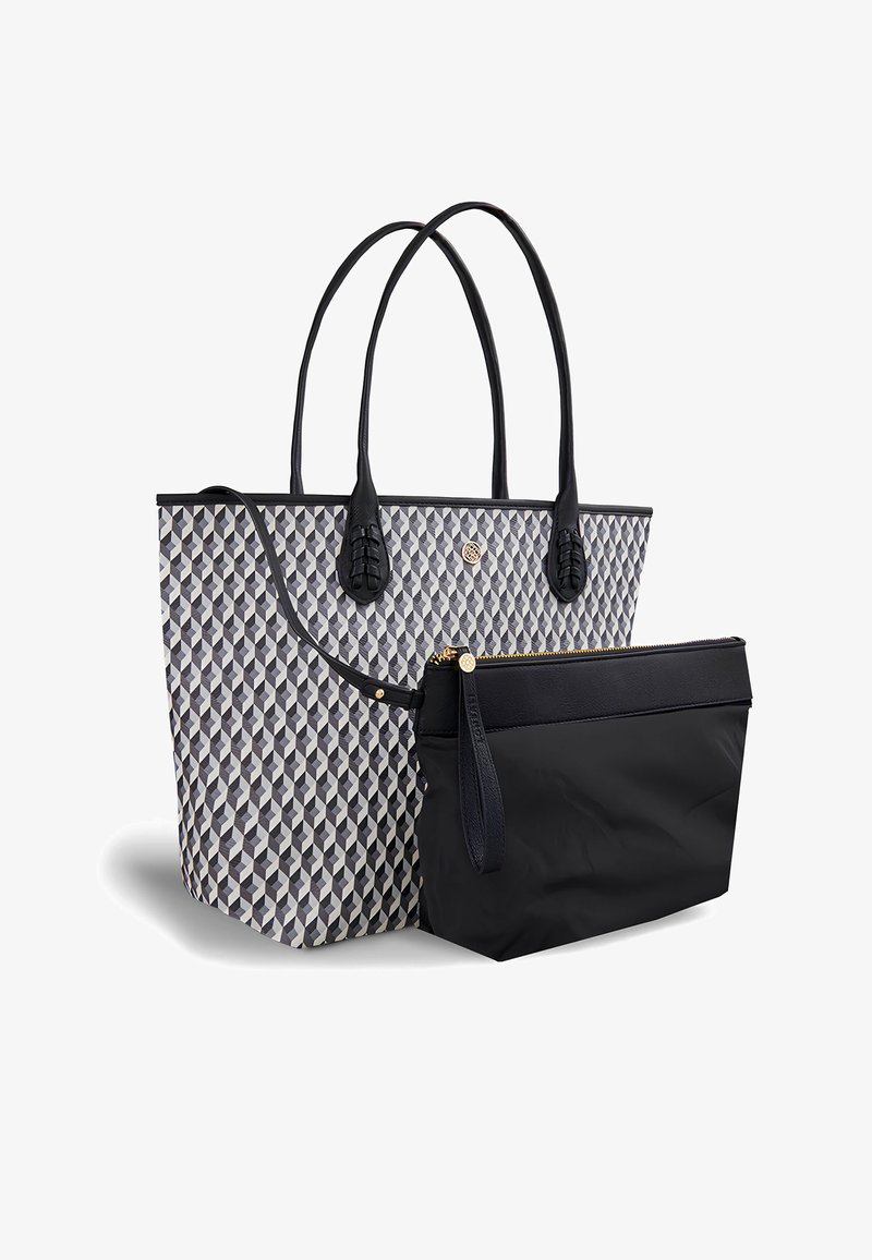 Sac fourre-tout avec des poignées en cuir noir, tissu à motif géométrique gris et blanc, et une pochette noire amovible avec fermeture éclair.