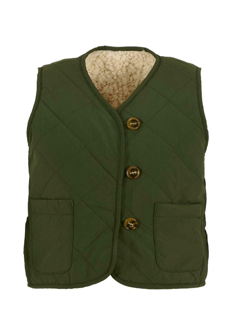 Gilet verde trapuntato con scollatura a V, chiusura a bottoni e due tasche frontali. Foderato con un materiale chiaro e soffice per garantire calore.