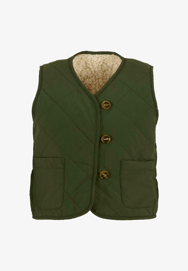 Gilet verde trapuntato con scollatura a V, chiusura a bottoni e due tasche frontali. Foderato con un materiale chiaro e soffice per garantire calore.