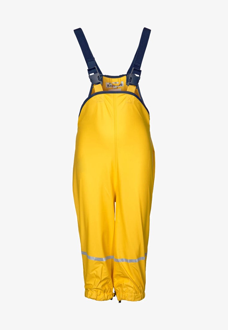 Rumene vodoodporne kombinezone z nastavljivimi mornarskimi suspendri, elastičnimi manšetami in refleksnimi akcenti na pasu in kolenih. Trajna, gladka tekstura.
