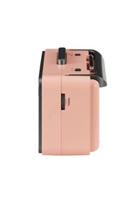 Compact radio in pastel pink and black, featuring a tuning dial, buttons, and a smooth surface. Side view highlights rectangular shape.