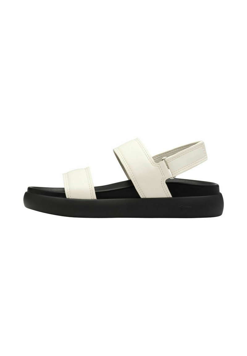 White leather sandals with two adjustable straps, black sole, and rounded shape. Smooth texture, minimal stitching, and a secure heel design.