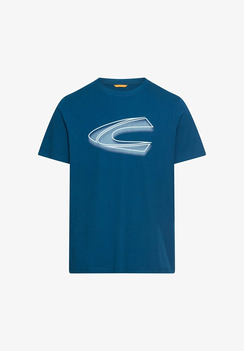 Blå bomulds-T-shirt med et stort hvidt grafisk logo på forsiden. Korte ærmer og rund halsudskæring med en orange mærkat ved kraven.