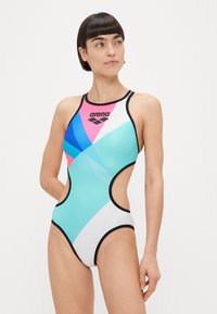 Swimwear with a high-neck design, featuring a color-block pattern in aqua, pink, and blue, cutout sides, and a black trim. Brand logo displayed.