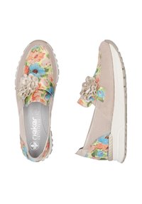 Blumenmuster Slip-On-Schuhe mit einem beigen Mesh-Obermaterial, verziert mit einem dekorativen Blumenakzent, und einer strukturierten Gummisohle.